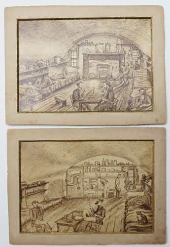 [Two photographic copies of pencil sketches of the inside of a hut.
