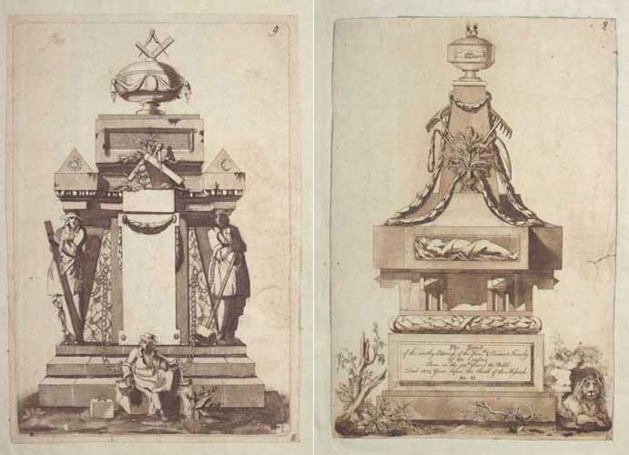 [Pair of images of elaborate tombs, one with title.]