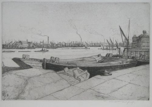 [Thames Barges and Warehouses.]