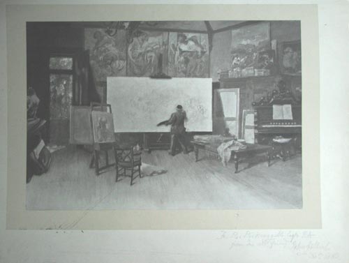 [An artist, presumed to be F.R. Pickersgill, at work on a canvas in his studio.]