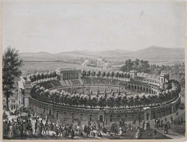 [Untitled view of a stadium, with a balloon above.]