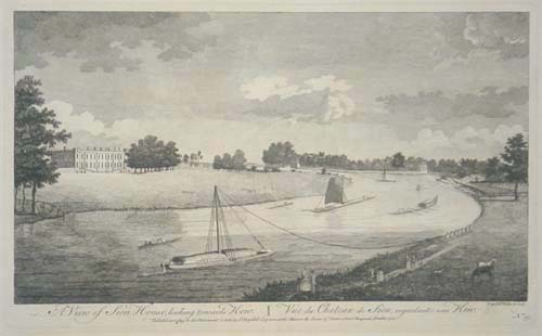 A view of Sion House, looking towards Kew. Vue du Chateau de Sion, regardant vers Kew.