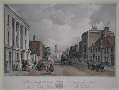 This View of the High Street, Lymington, Hants. is with permission respectfully dedicated to Admiral Sir Harry Neale, Bart. by R. A. Grove.